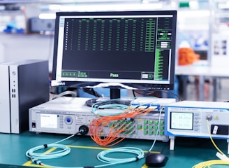 A laboratory setup featuring various networking and testing equipment on a table. A computer monitor displaying test results with a 'Pass' message is prominently positioned. Multiple cables in orange and blue are connected to devices labeled 'Optical Phase Modulation Meter' and 'Test Station'. The environment appears clean and organized, suggesting a professional or industrial setting.