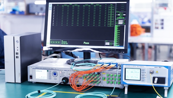 A laboratory setup featuring various networking and testing equipment on a table. A computer monitor displaying test results with a 'Pass' message is prominently positioned. Multiple cables in orange and blue are connected to devices labeled 'Optical Phase Modulation Meter' and 'Test Station'. The environment appears clean and organized, suggesting a professional or industrial setting.