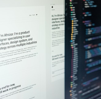 A computer screen displaying web design content and code side by side. The left side features text describing a product designer's work and experience, while the right side shows colorful, highlighted code lines on a dark background.