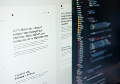 A computer screen displaying web design content and code side by side. The left side features text describing a product designer's work and experience, while the right side shows colorful, highlighted code lines on a dark background.