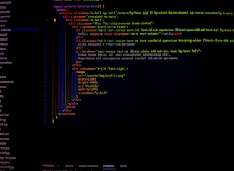 A computer screen displays software code in a text editor. The code seems to be related to a web page with HTML and CSS components. On the left side, a file tree shows various file names in a project. The code includes HTML structure and styling classes.